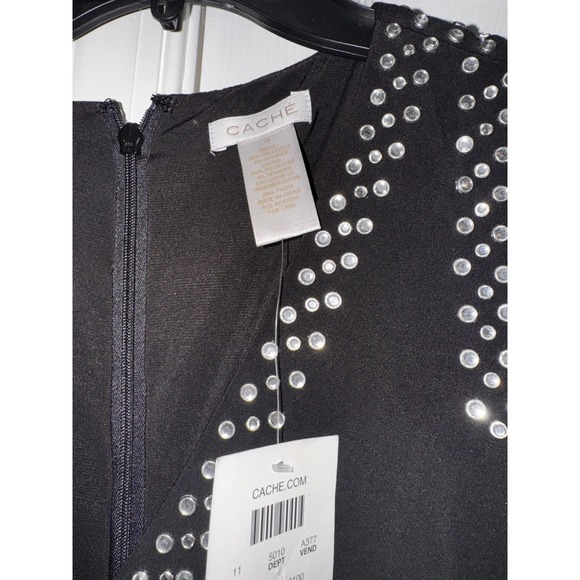 Cache‎ Black Rhinestone Cold Shoulder Ruched Long Sleeve Cocktail Dress - Picture 6 of 11